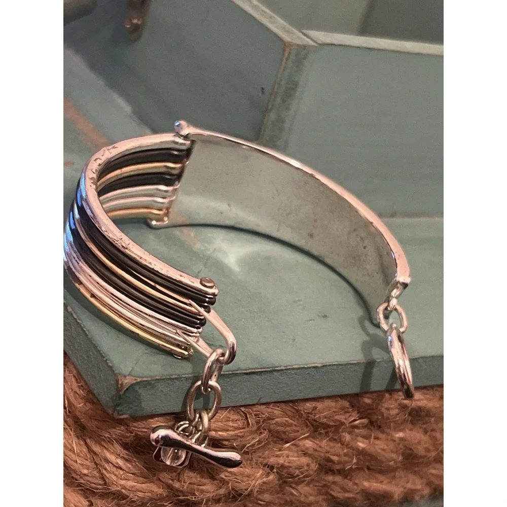 ALM Soho Branded Silver Plate Shabby Chic Mixed Metal Clamper Bangle Bracelet - Picture 4 of 7